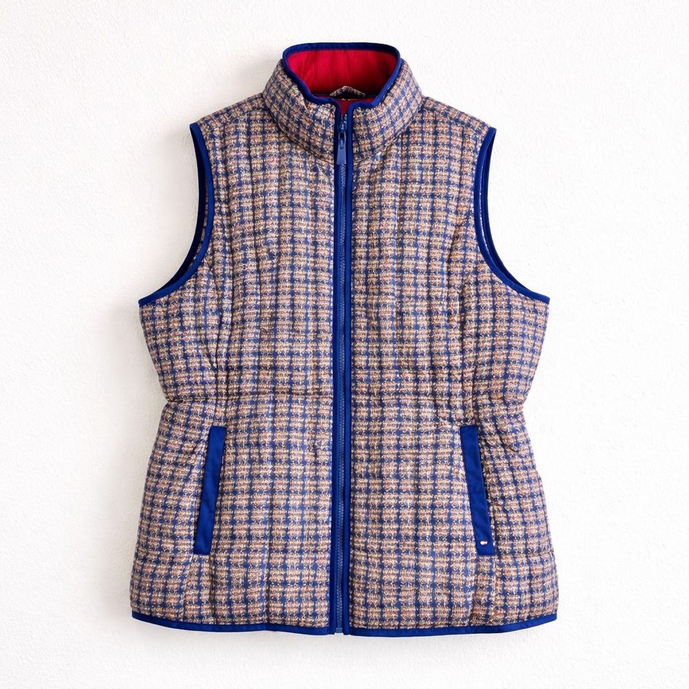 Tommy Hilfiger Down Puffer Vest Preppy Coastal Plaid Blue Red Womens Large B06